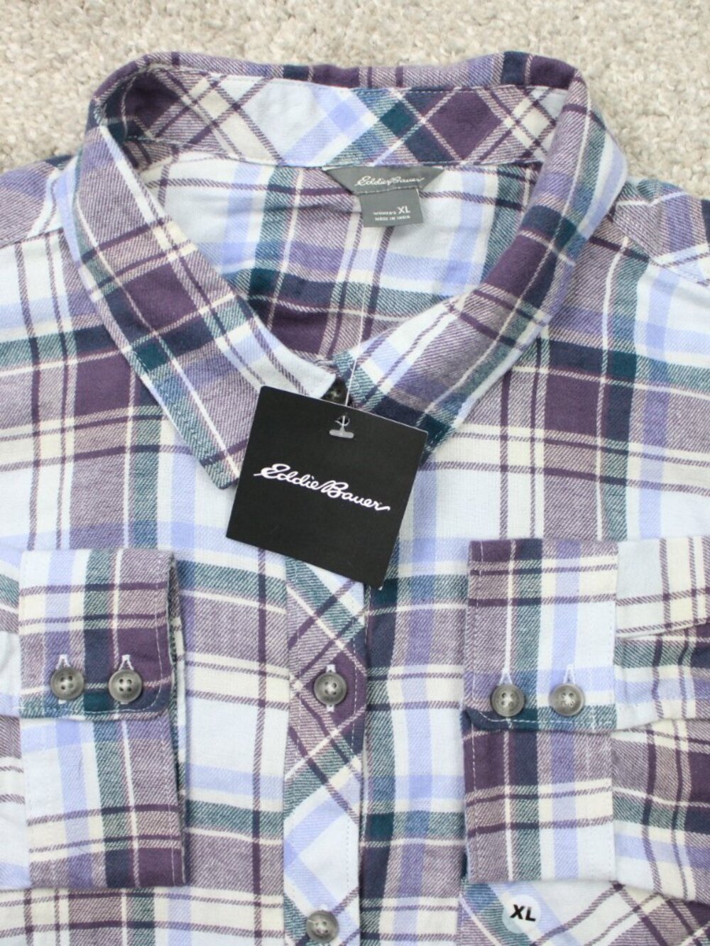 Eddie Bauer Shirt NWT Womens XL Purple/Blue WR Forest Flannel 100% Cotton L/S